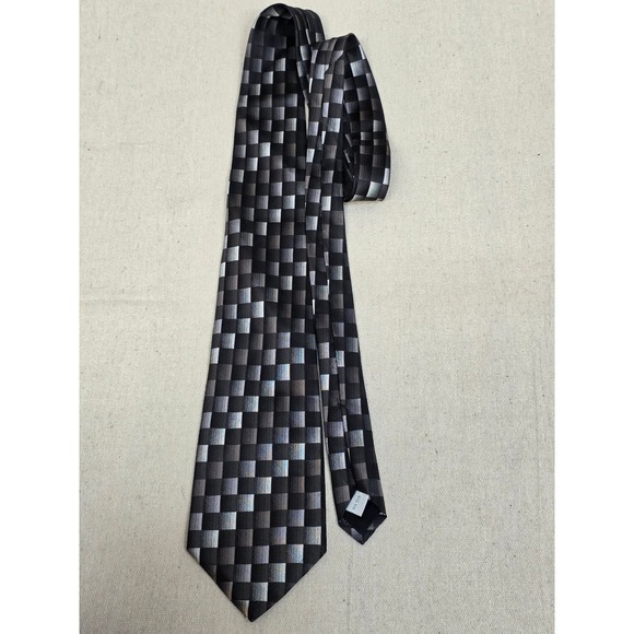 Burma Bibas Other - Burma Bibas Mens Silk Necktie Black Grey Silver Geometric Checkered Grid Pattern